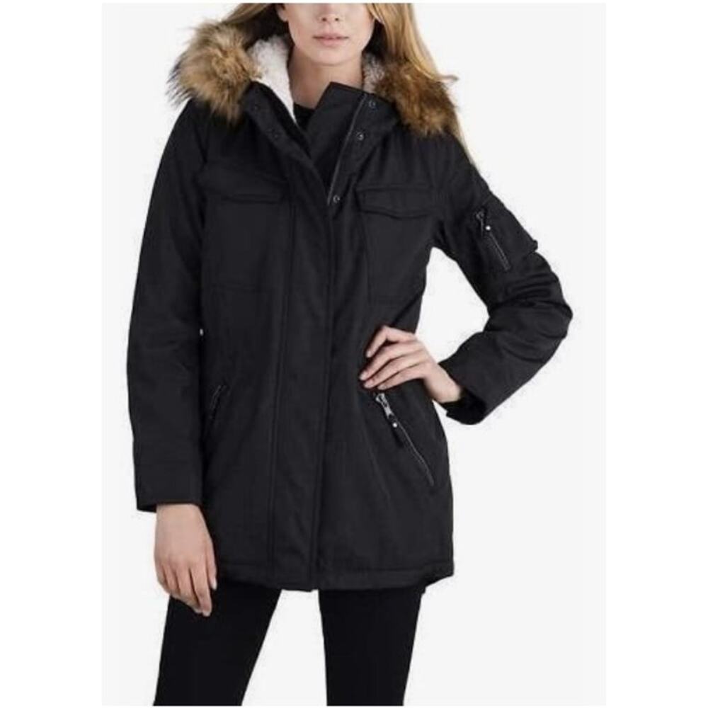 S13 Women's Army Sherpa Lined Parka Faux Fur Hood Black Small